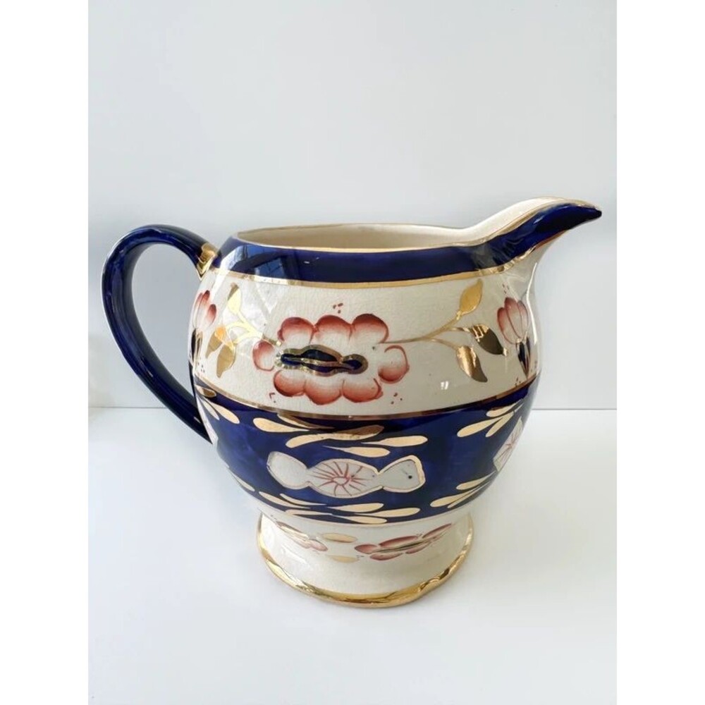 Vintage Sadler England Imari Style Cobalt Blue & Gold Floral Pitcher Mid-Century